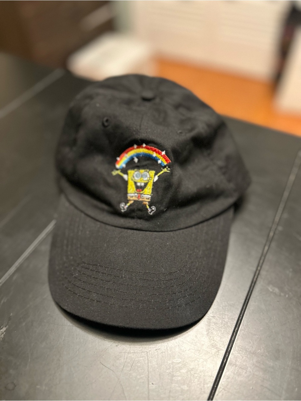 Sponge Bob Black Ball Cap with Colorful Embroidered Rainbow